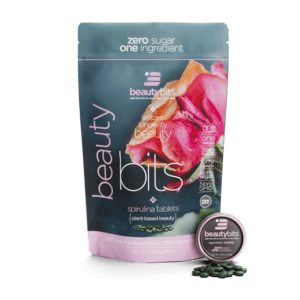 BEAUTYbits spirulina tablets package, zero sugar & one ingredient.