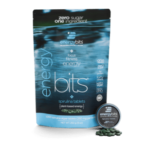ENERGYbits spirulina tablets package, zero sugar & one ingredient.