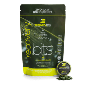 RECOVERYbits spirulina tablets package, zero sugar & one ingredient.