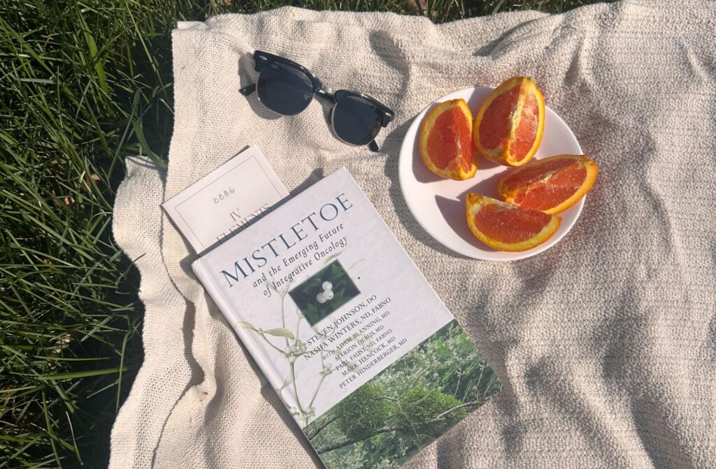 Picnic with mistletoe book, sunglasses and sliced oranges.