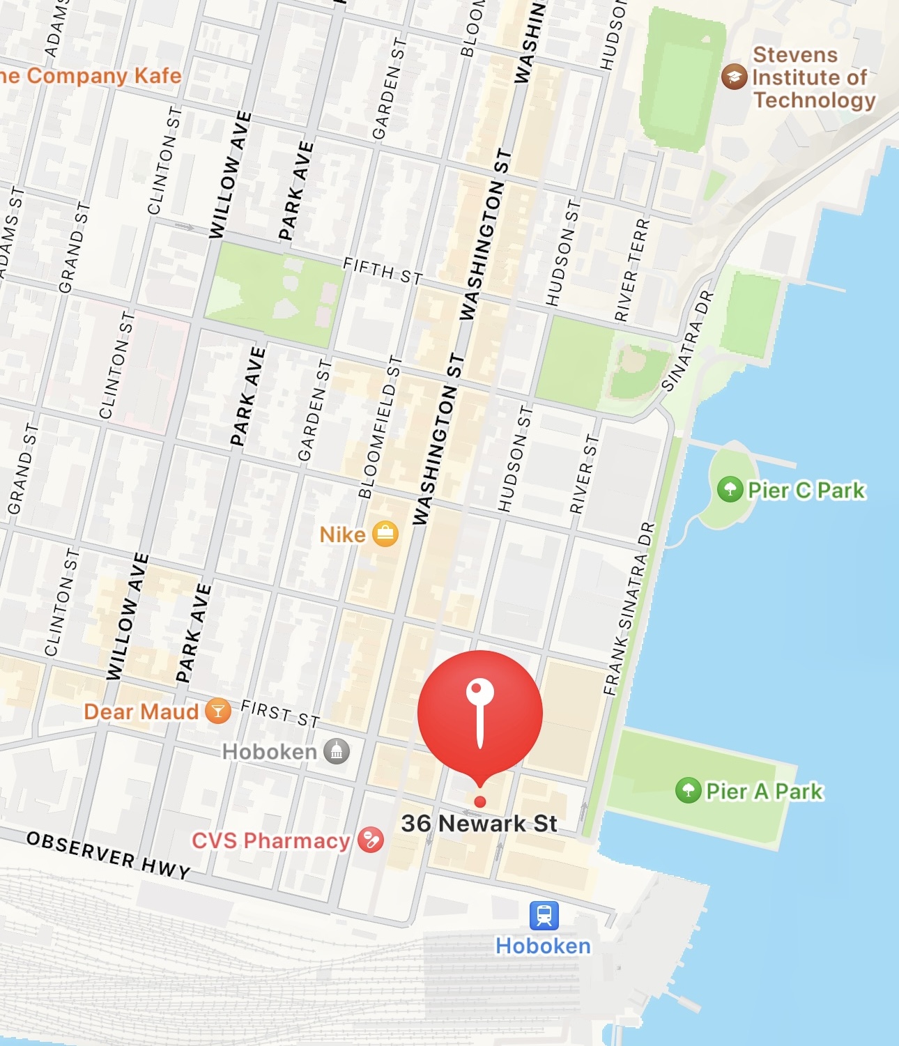 A map showing the Hoboken Drip Lounge location at 36 Newark Street