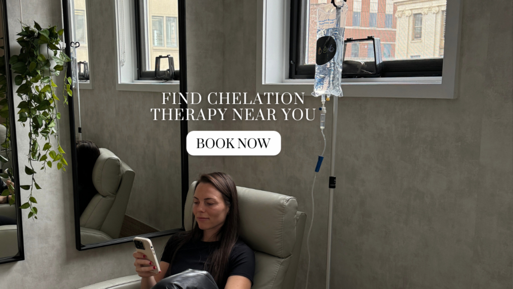 Book now image with client receiving chelation therapy in the background.