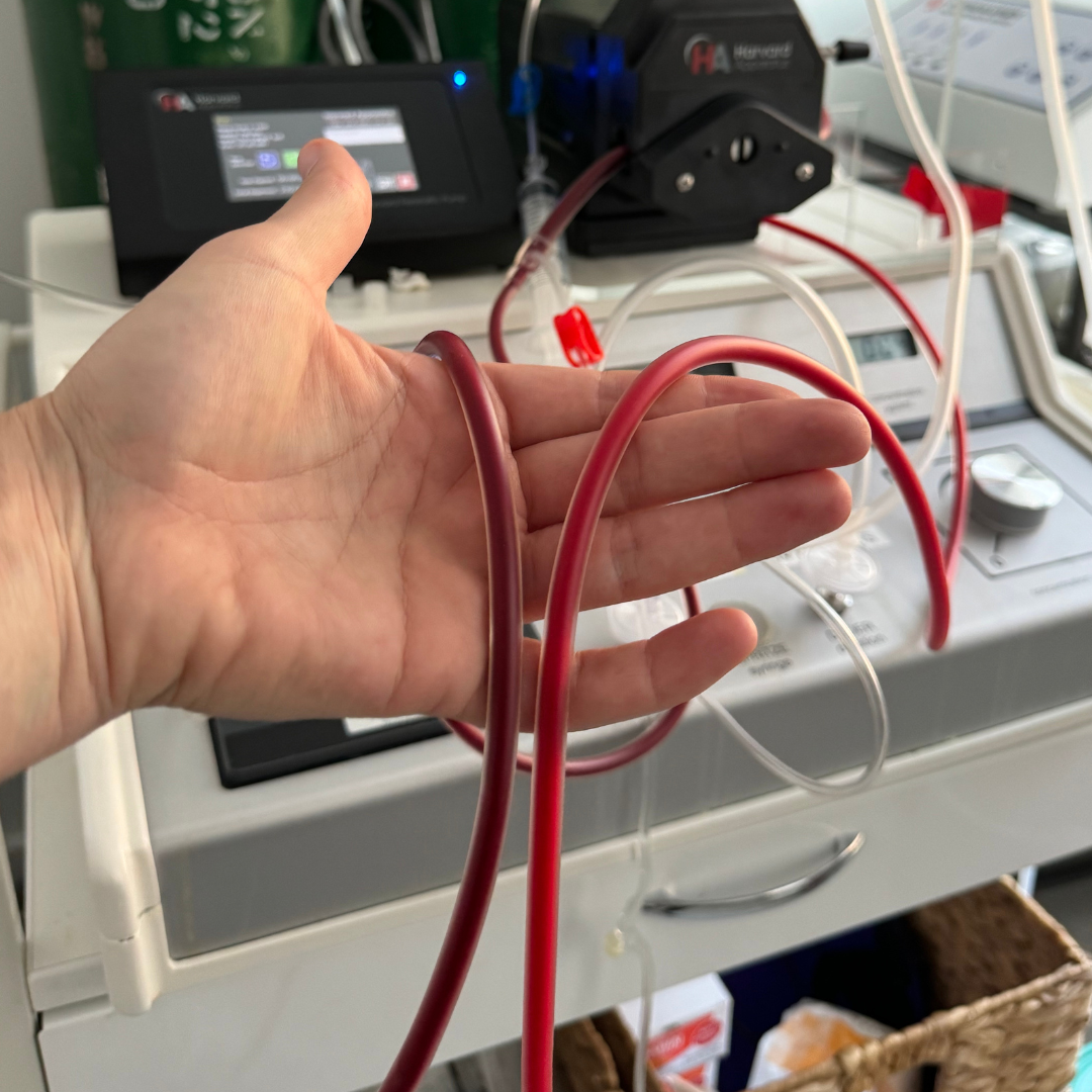 A person holding two red tubes, with medical equipment in the background