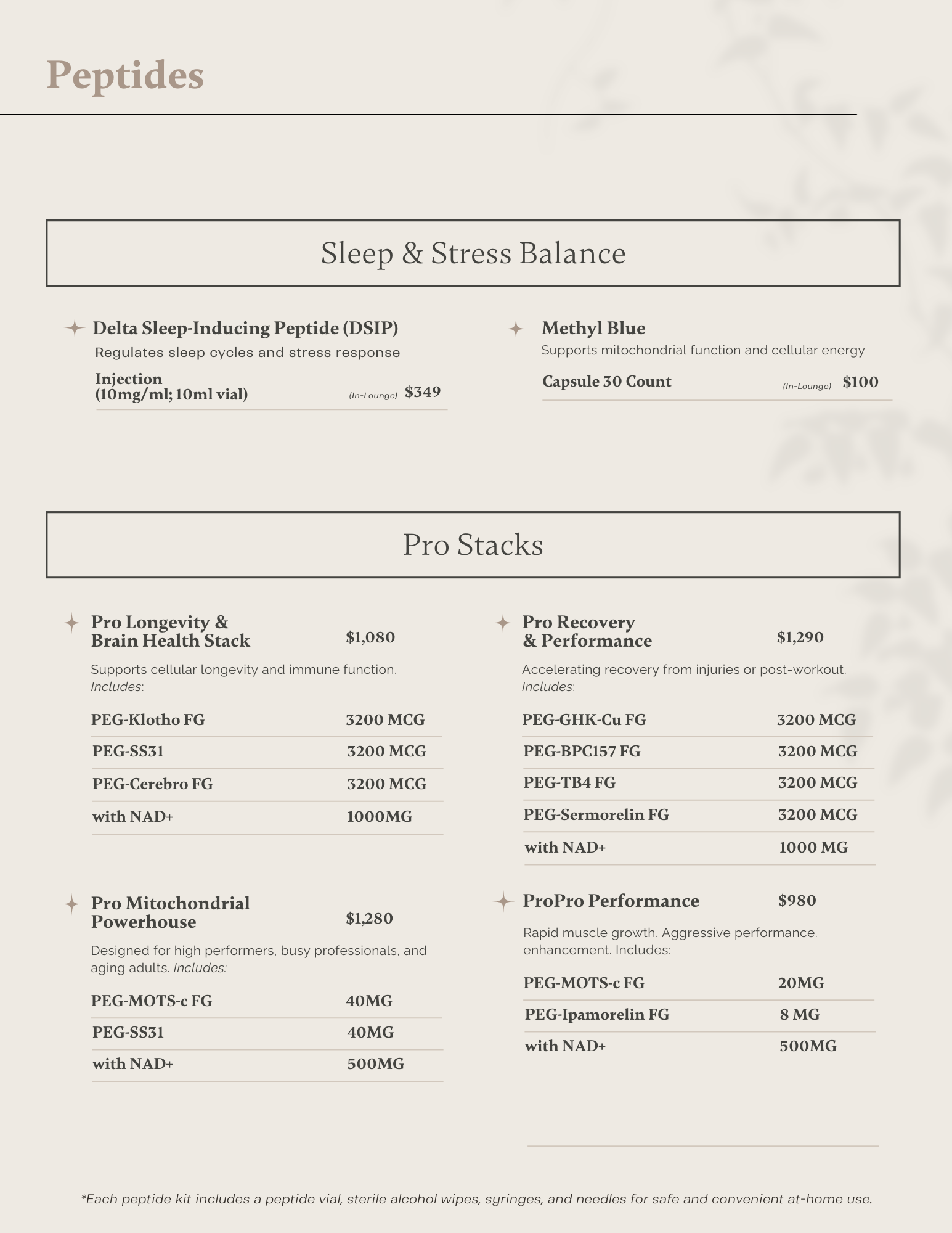 Peptide therapy menu outlining available peptide treatments at IV Elements.