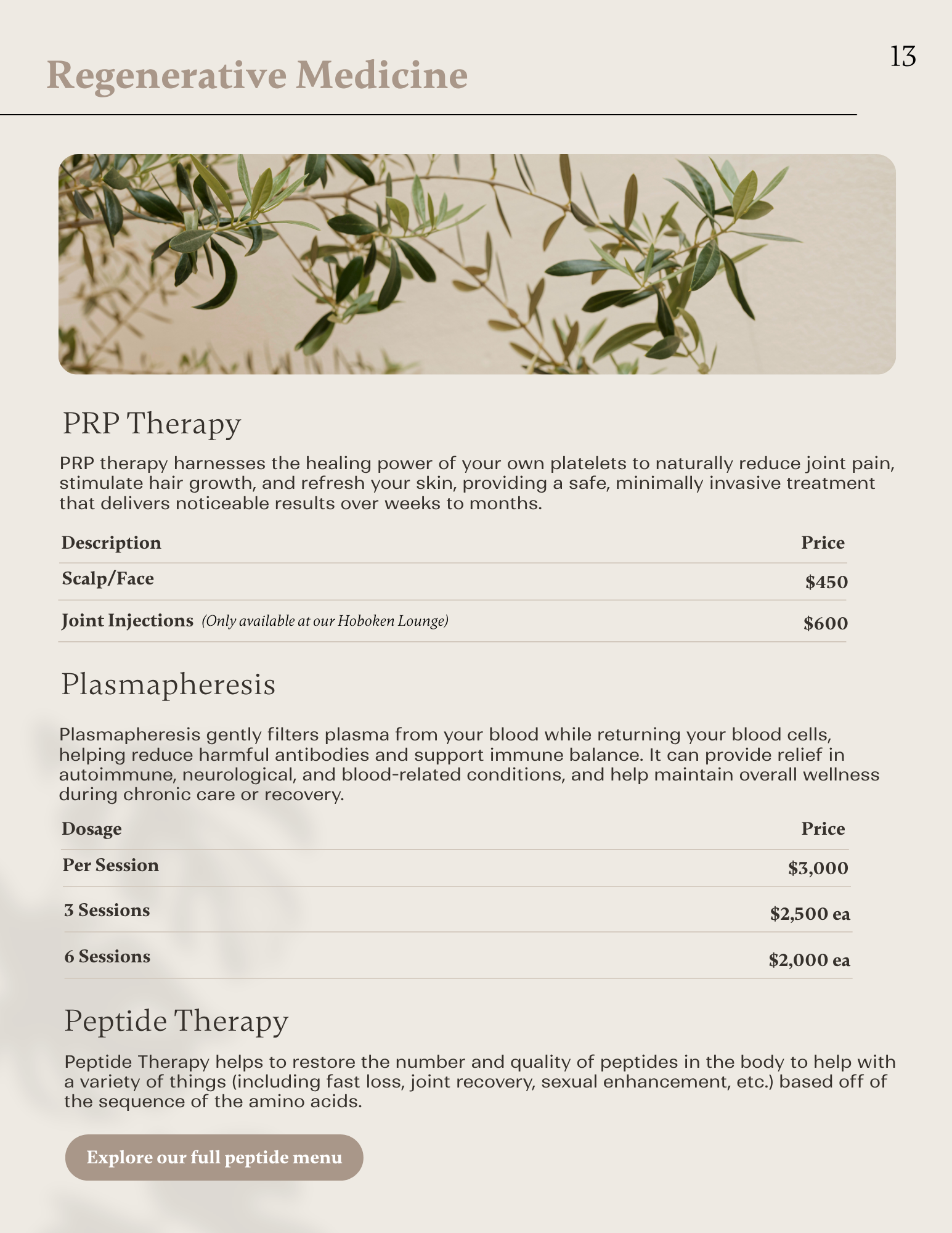 Regenerative medicine services including peptide therapy and biologic-based treatments