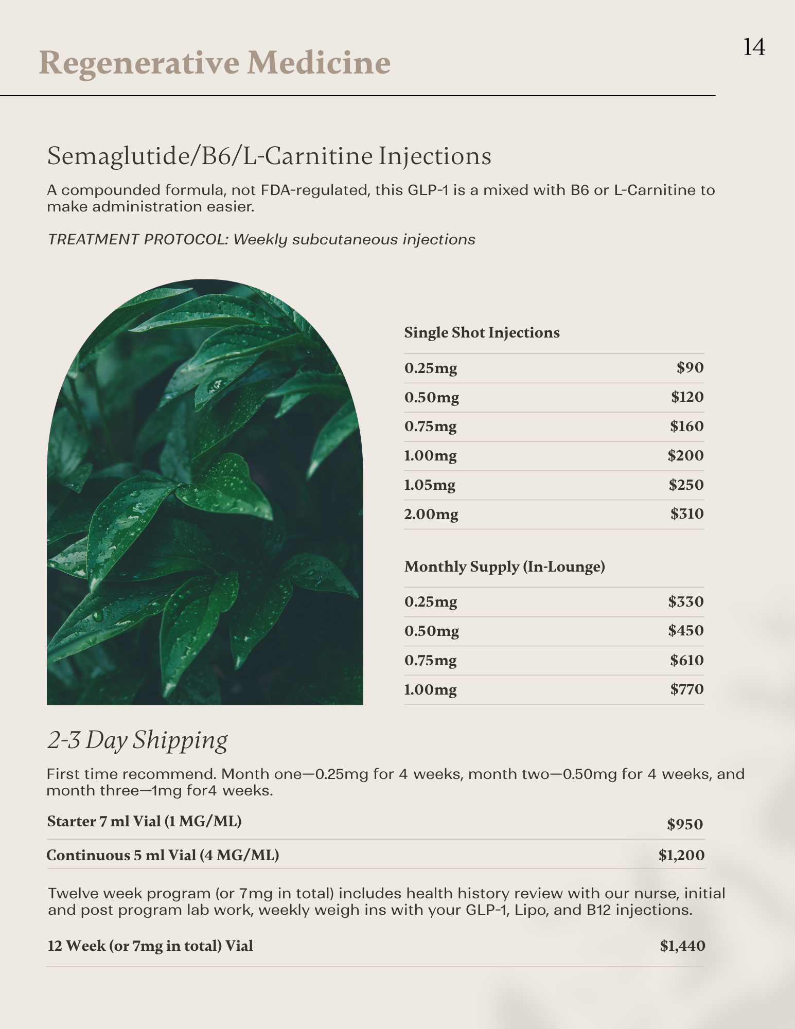 A compounded formula, not FDA-regulated, this GLP-1 is a mixed with B6 or L-Carnitine to make administration easier.