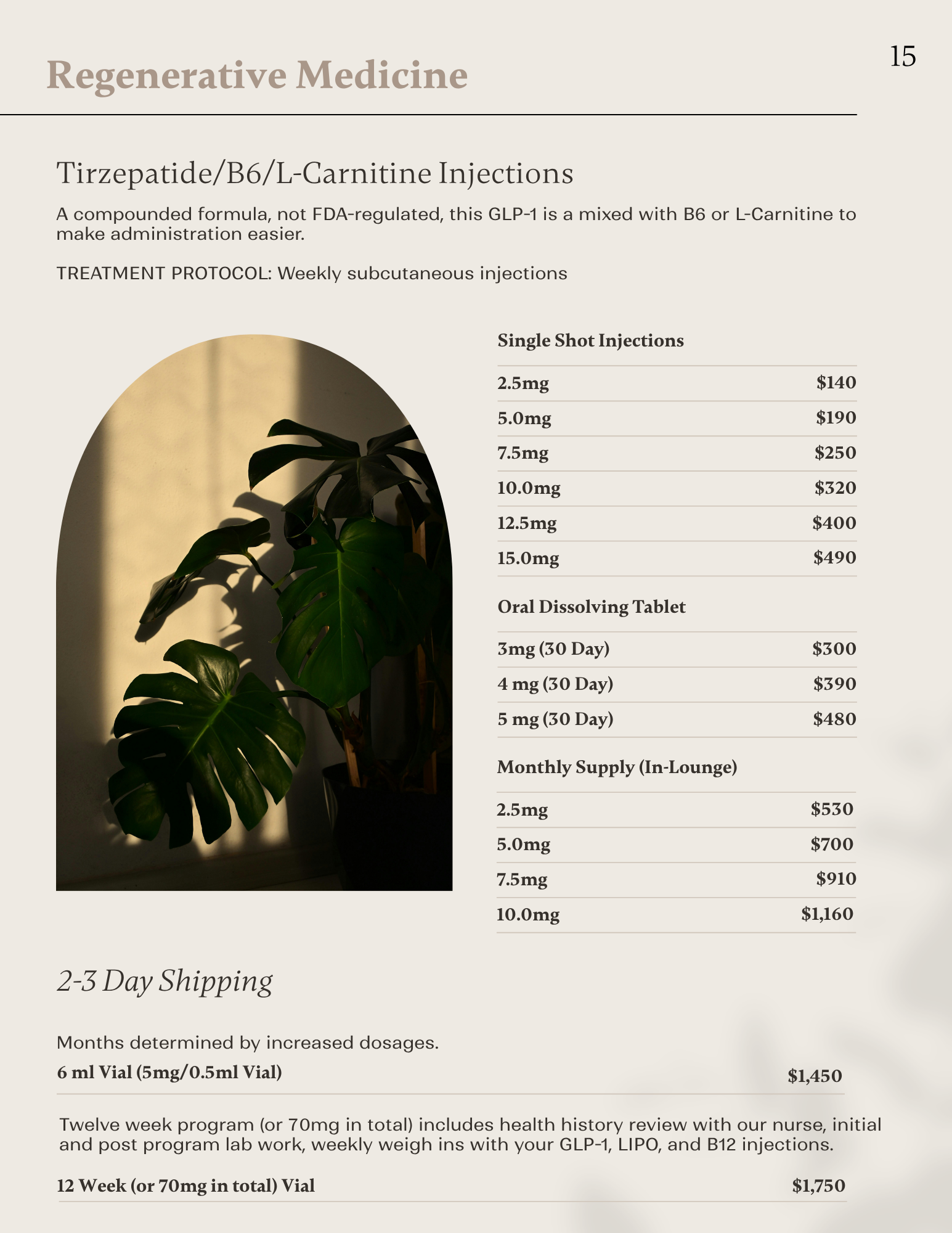 Tirzepatide injection program outlining dosing schedules, pricing, and metabolic support services