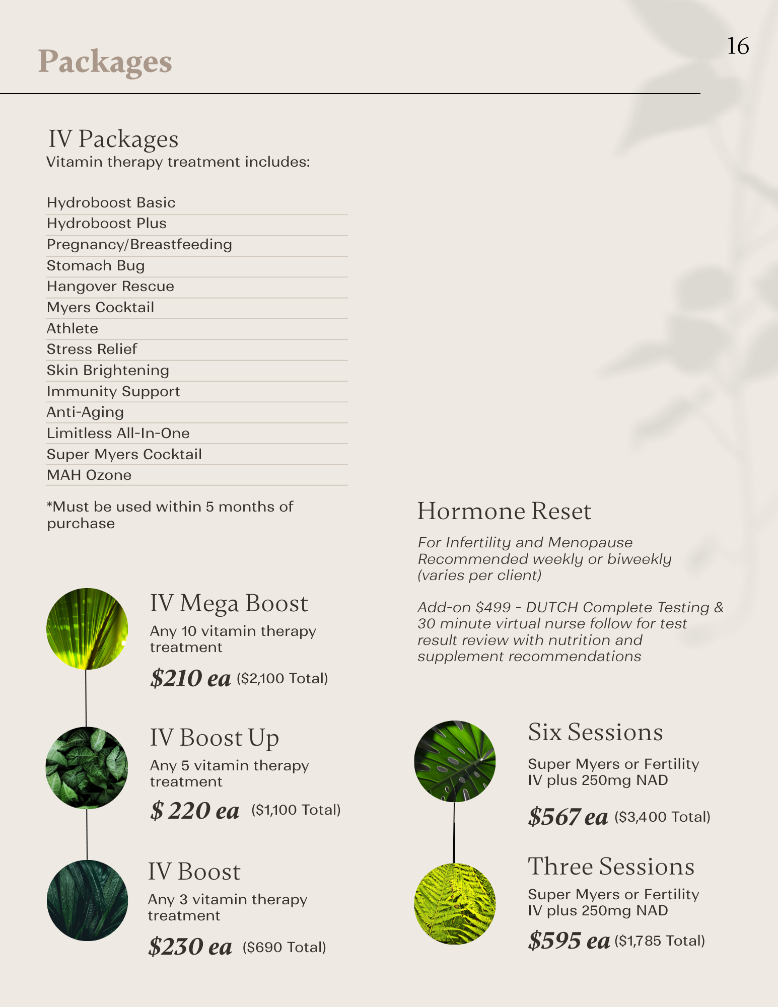 IV therapy package options combining vitamin drips, NAD therapy, and hormone support programs.
