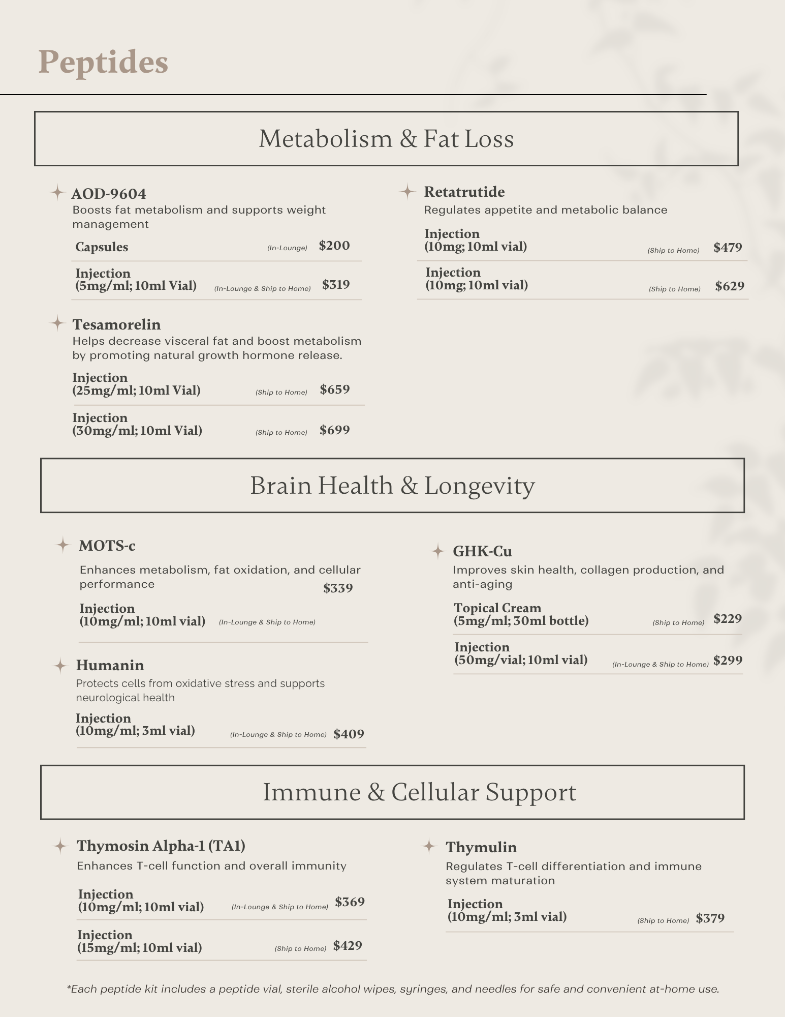 Peptide treatment menu for clinician-guided care at IV Elements.