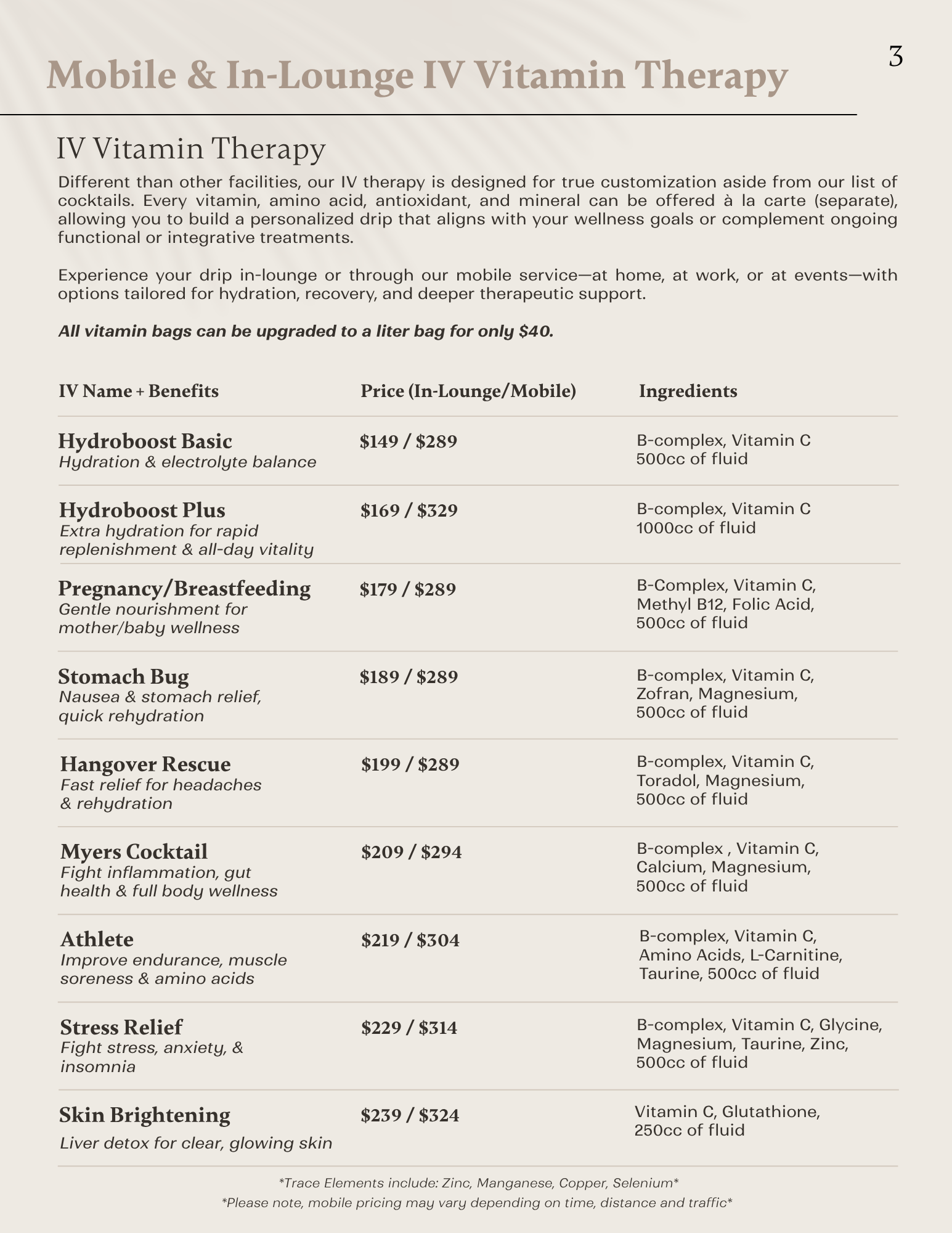 Overview of mobile and in-lounge IV vitamin therapy services and customization options.