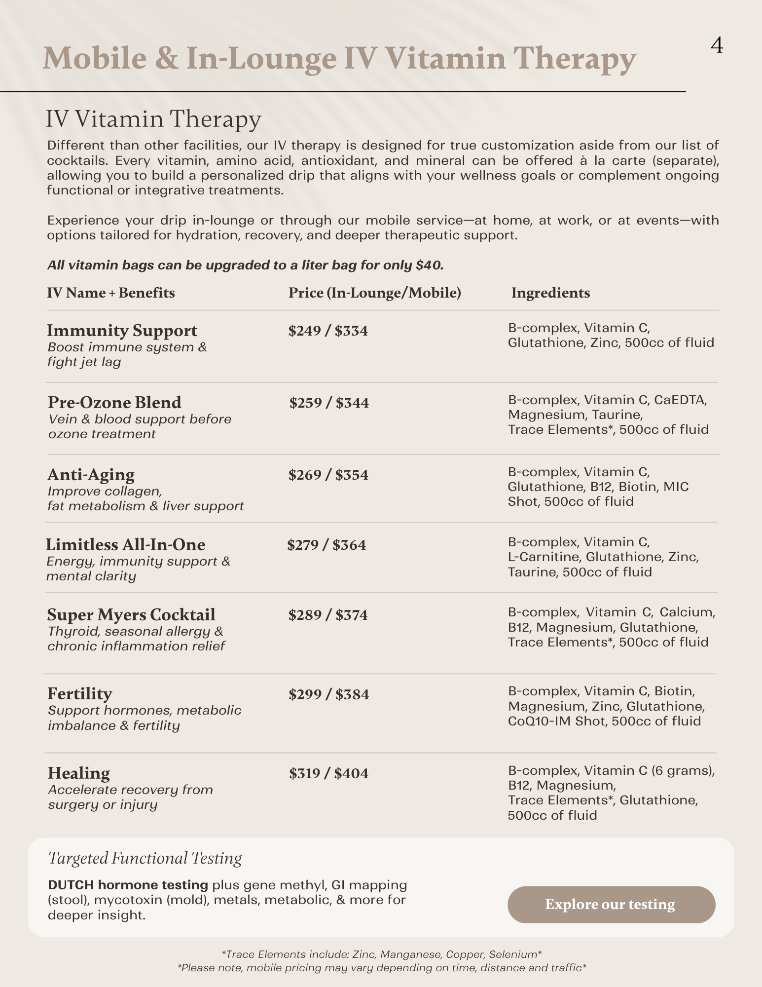 IV vitamin therapy menu listing hydration, recovery, immunity, anti-aging, fertility, and healing drips with ingredients and pricing.