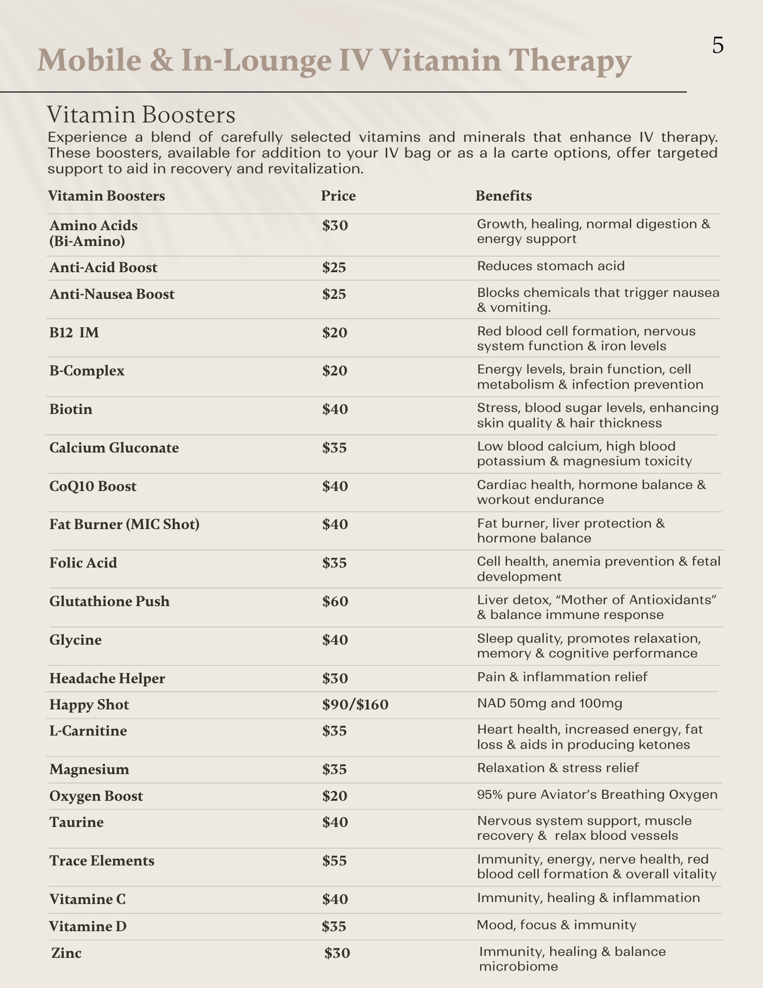 Vitamin booster menu detailing injectable and IV add-ons for energy, immunity, stress, nausea, and recovery.
