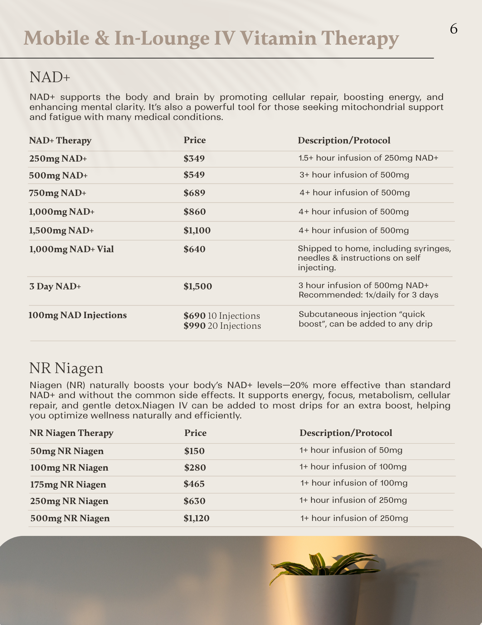 NAD+ supports the body and brain by promoting cellular repair, boosting energy, and enhancing mental clarity. 