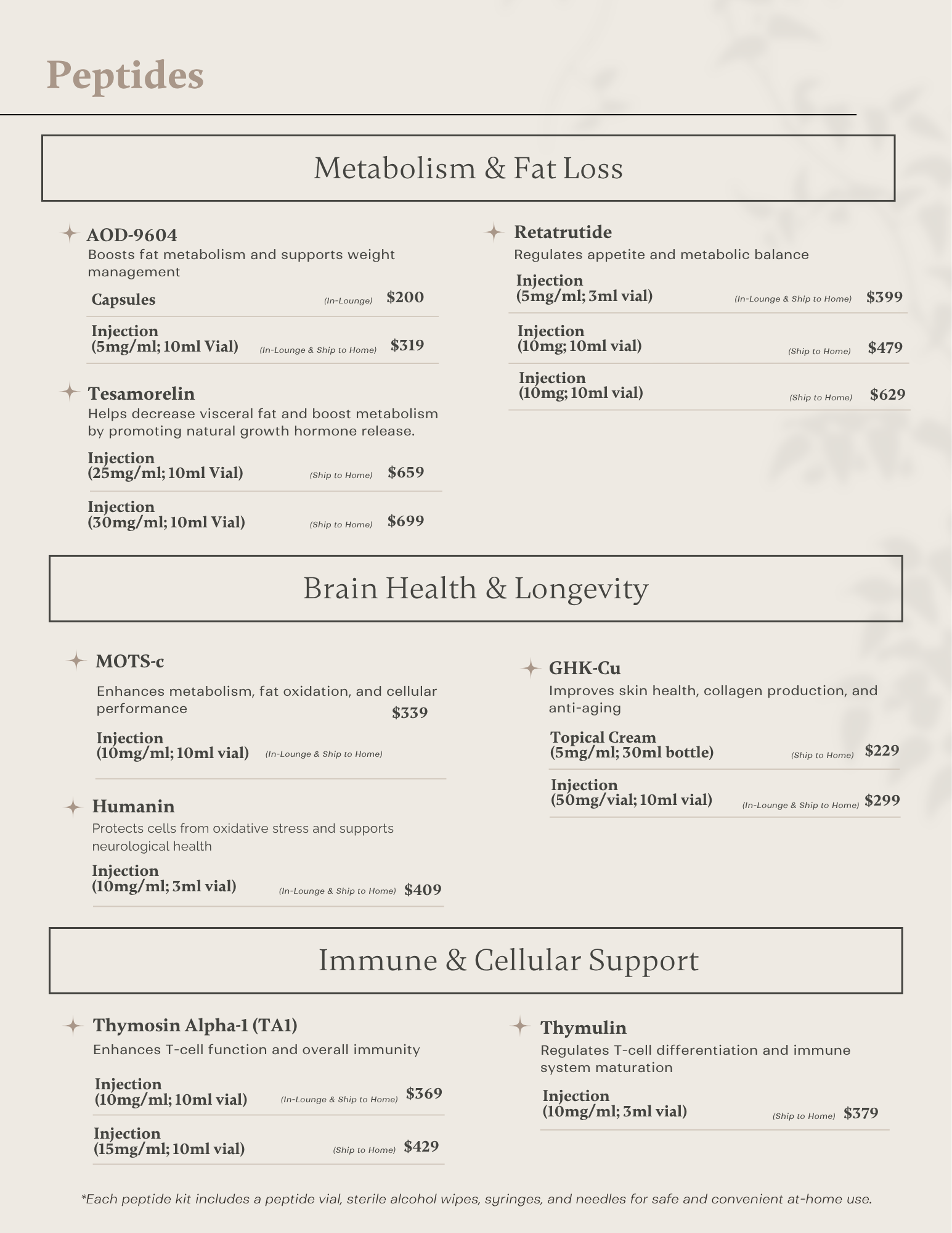 Peptide treatment menu for clinician-guided care at IV Elements.