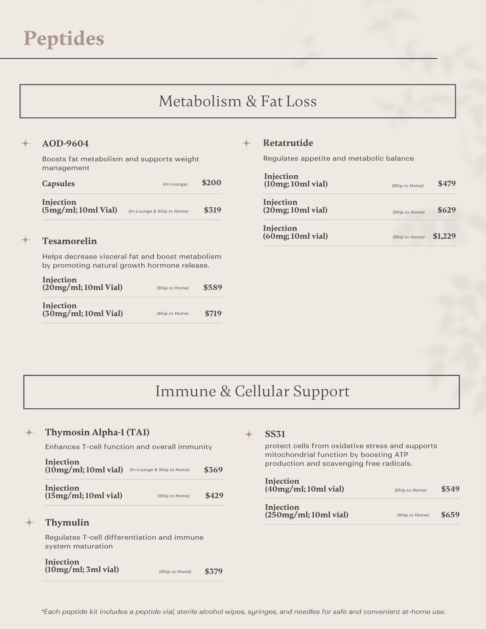 Peptide treatment menu for clinician-guided care at IV Elements.
