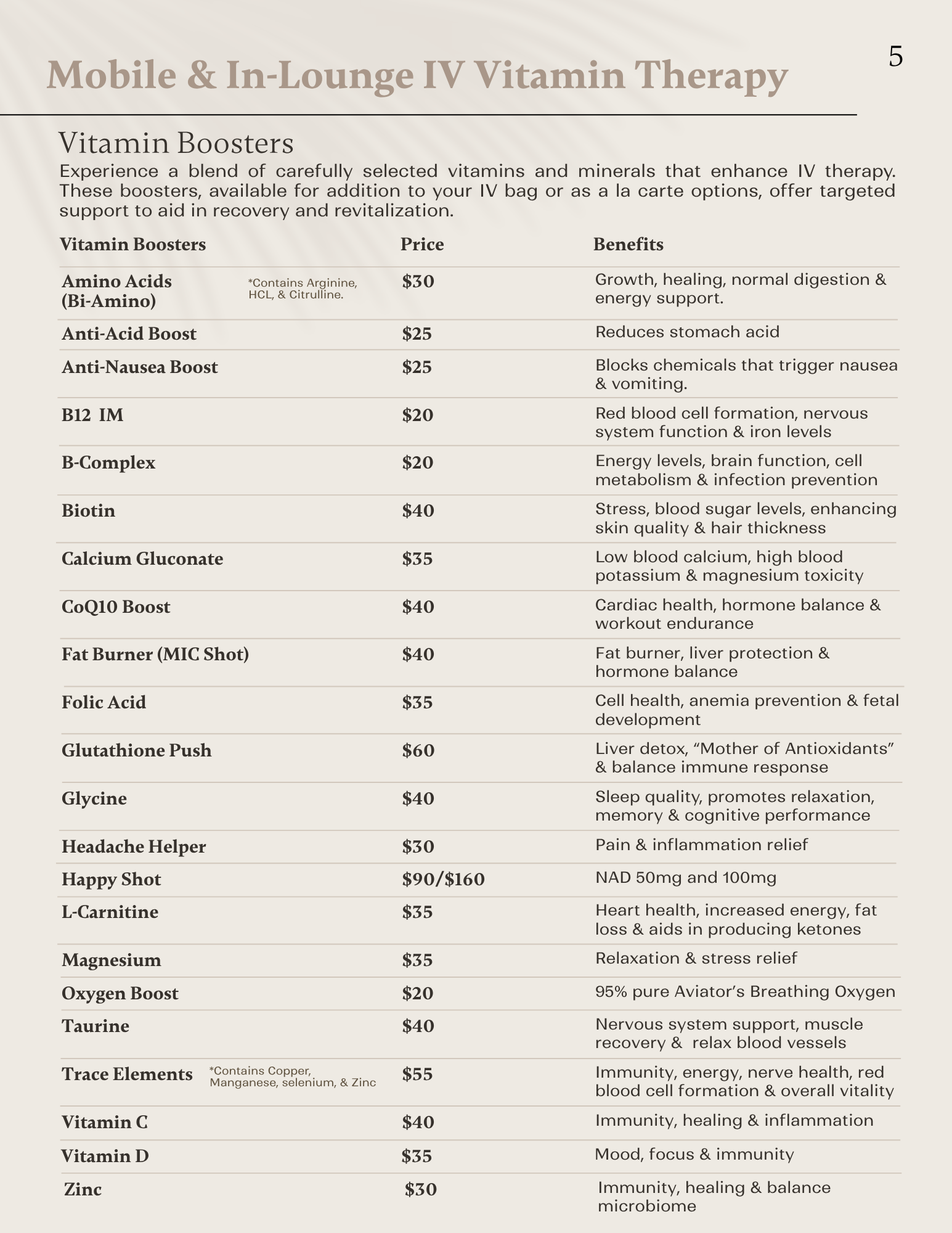 Vitamin booster menu detailing injectable and IV add-ons for energy, immunity, stress, nausea, and recovery.