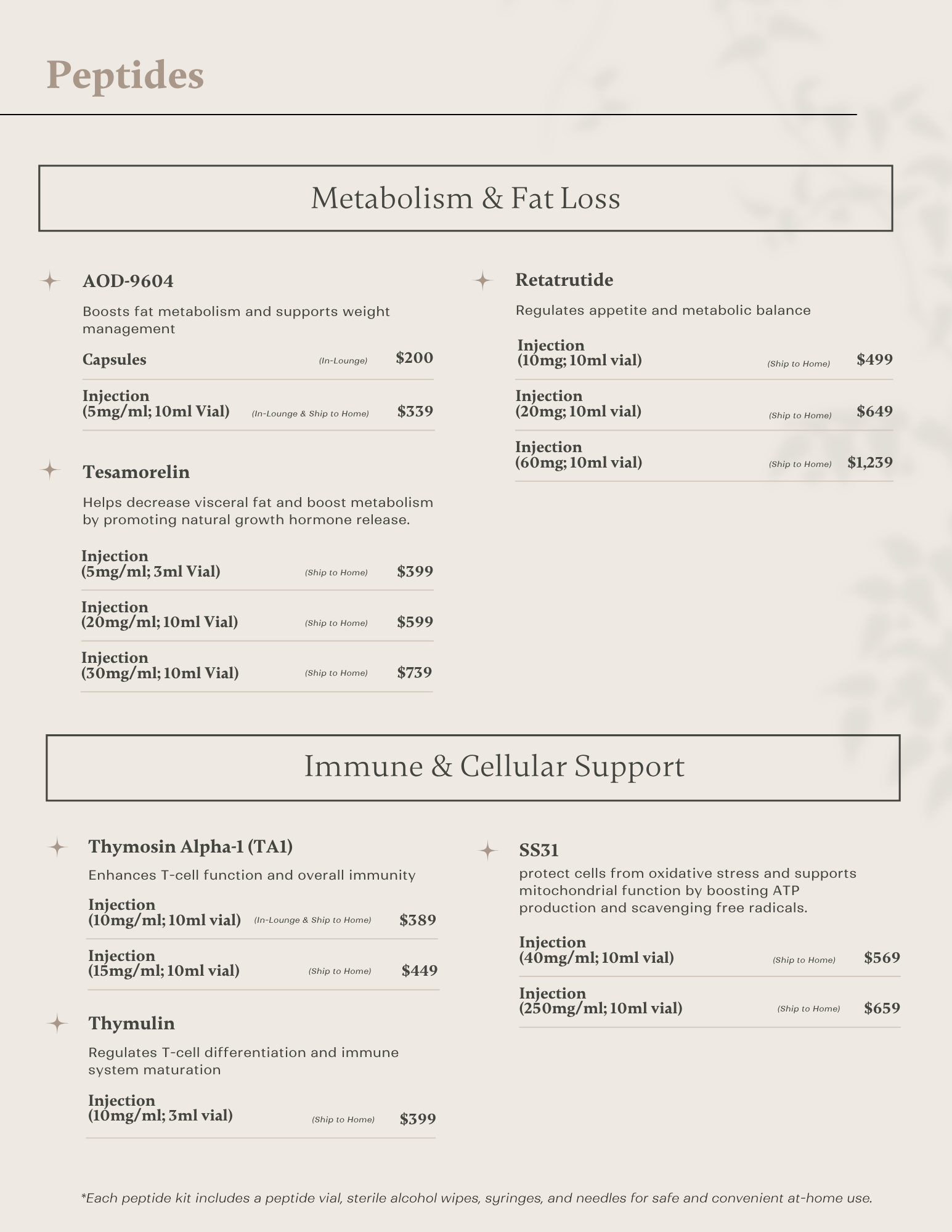 Peptide treatment menu for clinician-guided care at IV Elements.