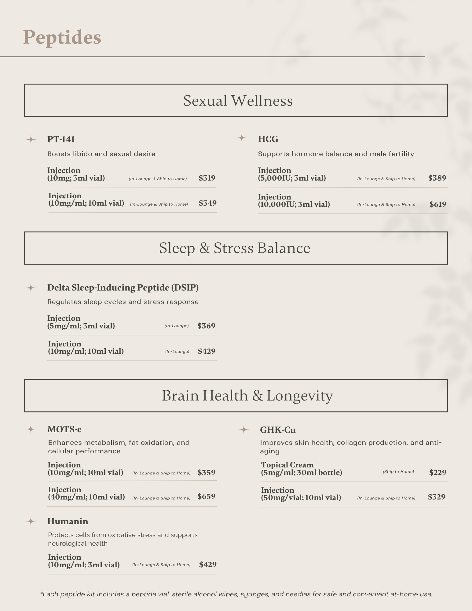 Peptide therapy menu outlining available peptide treatments at IV Elements.